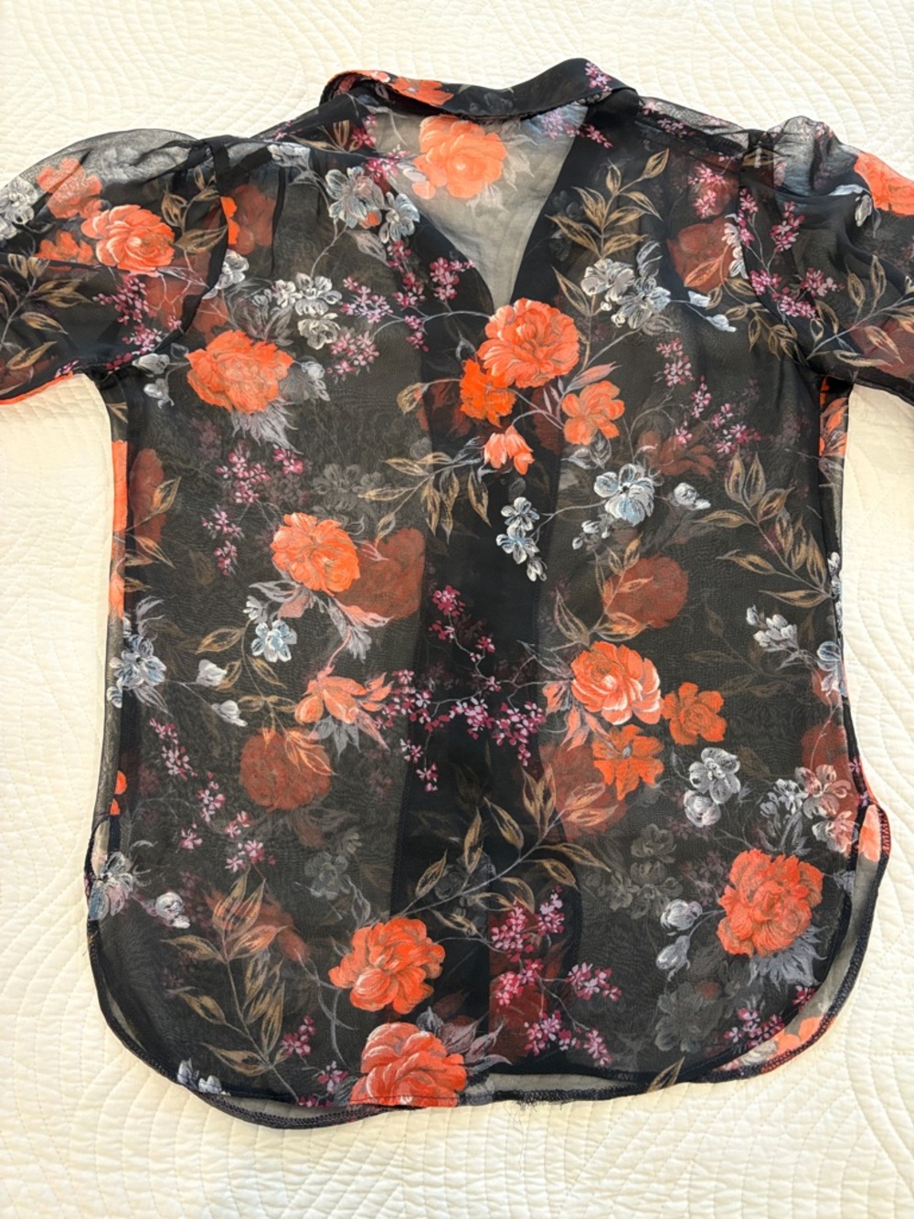 Sheer Black Floral Button-Up Blouse - Picture 7 of 7